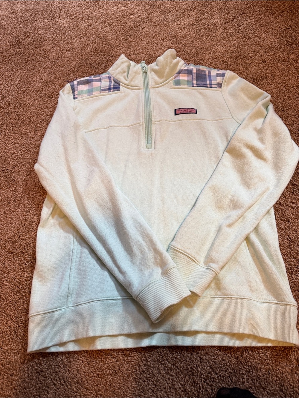 Vineyard Vines Cream Quarter-Zip with Pastel Plaid Shoulders